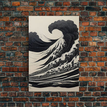 Carregar imagem no visualizador da galeria, Black and White Tsunami Waves, Japanese Style Art, Framed Canvas Print, Ready To Hang Framed Wall Art, Living Room Wall Decor
