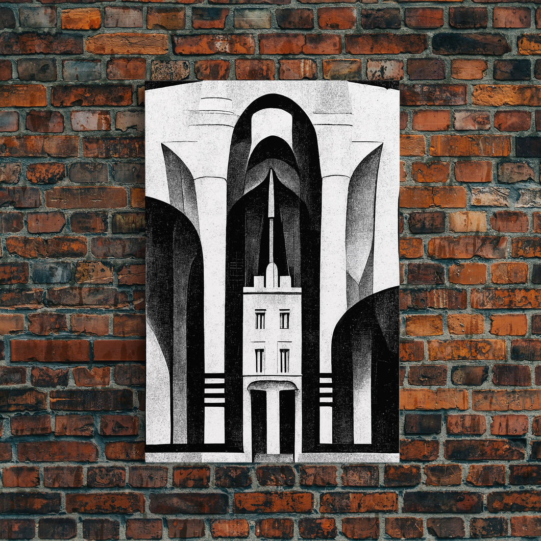 Art Deco Black And White Art Print, Art Deco Architecture, Framed Canvas Print, Ready To Hang Framed Wall Art, Living Room Wall Hanging