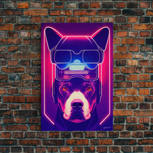 Load image into Gallery viewer, Cyberpunk Pitbull Portrait, Futuristic Dog Portrait, Framed Canvas Print, Ready To Hang Framed Wall Art, Living Room Wall Hanging
