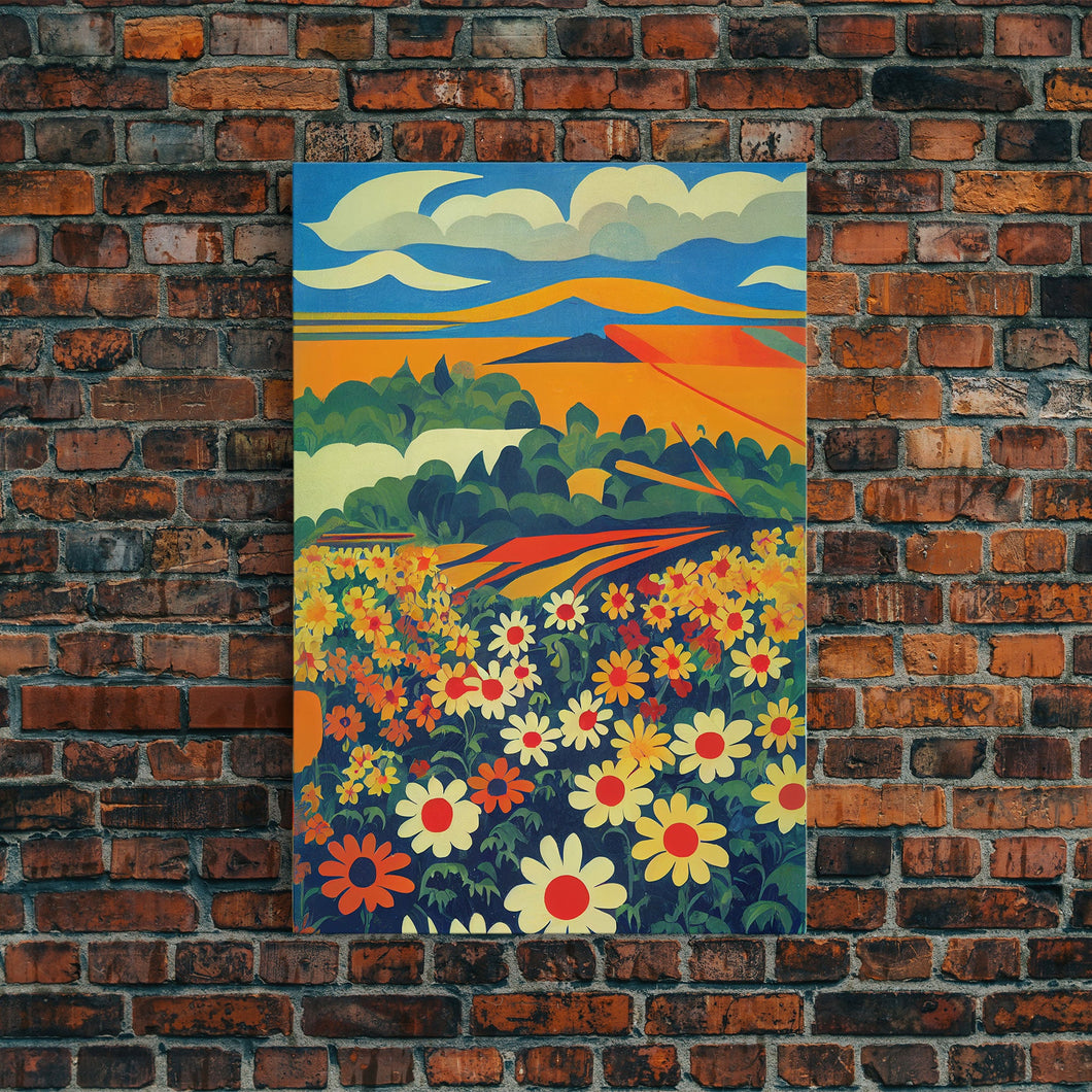 Surrealist field of daisy flowers, daisies, psychedelic art, Framed Canvas Print, Ready To Hang Framed Wall Art
