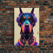 Load image into Gallery viewer, Cyberpunk Dobermann Pinscher Portrait, Watercolor, Framed Canvas Print, Ready To Hang Framed Wall Art, Living Room Wall Hanging
