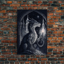 Load image into Gallery viewer, Dragon holding a torch, poster art, black and white dragon

