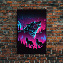 Load image into Gallery viewer, Wolves Howling at the moon, 3 wolf moon, framed canvas print, vaporwave art, Animal art, predator art

