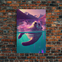 Carregar imagem no visualizador da galeria, Cute Otter going for a swim, pastel retro style art, framed canvas print, Otter out for a swim in a mountain lake
