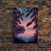 Load image into Gallery viewer, Beautiful Sunset over the lake, My Secret Spot, framed canvas print, Pinkwave retro style landscape art
