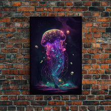 Load image into Gallery viewer, Bioluminescent Cosmic Jellyfish against a Starry night sky, JellyFish Art, Framed Canvas Print, synthwave style art
