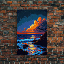 Load image into Gallery viewer, Pixel Art Sunset obscured by clouds, framed canvas print, 8 bit art
