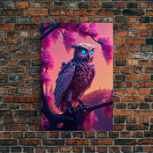 Load image into Gallery viewer, Cyberpunk Robot Owl, framed canvas print, Cybernetic android owl art, vaporwave aesthetic futuristic art
