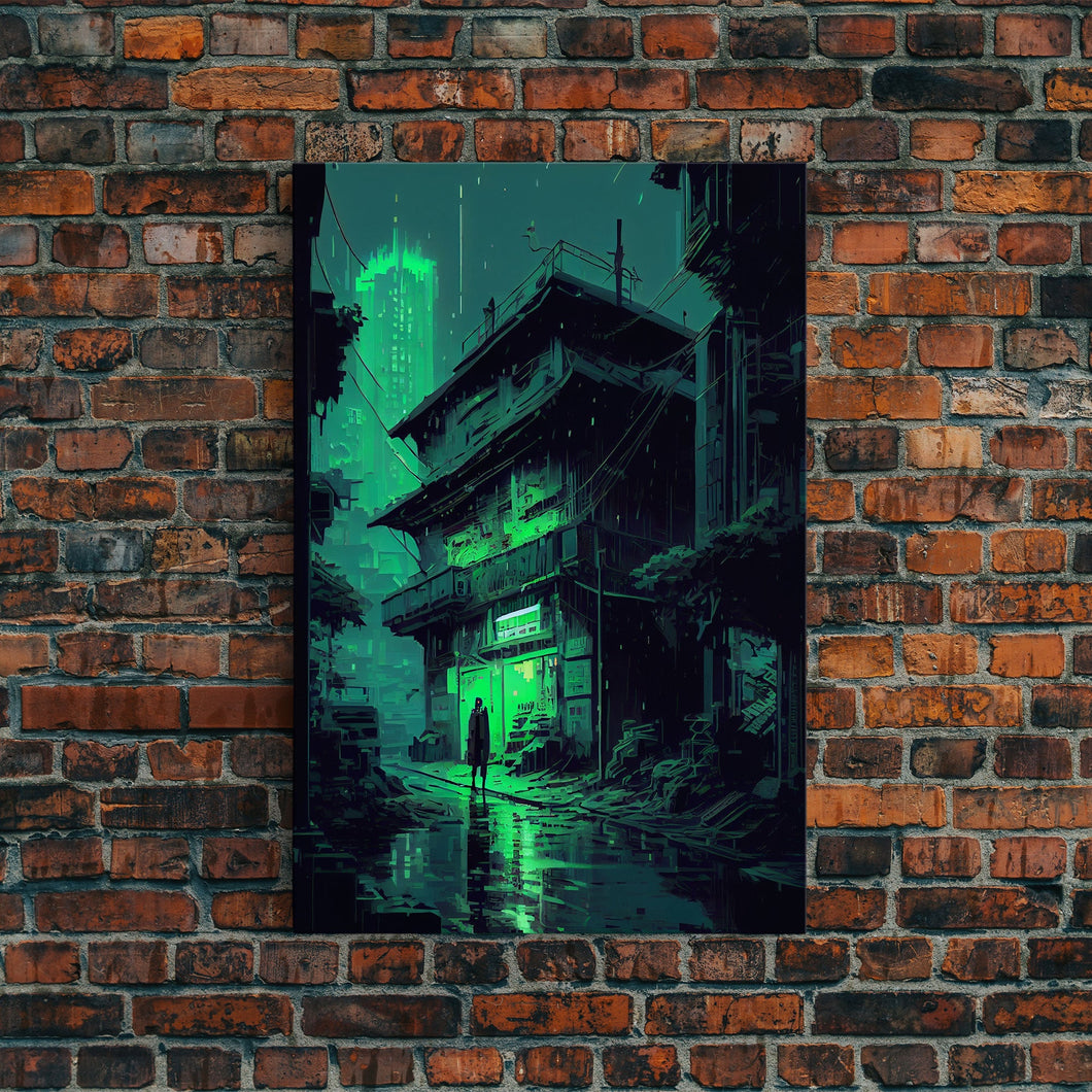 Cyberpunk Dystopian Emerald Green Town City Background Fine Art Print, Wall Decor, Wall Poster, Wall Art Print