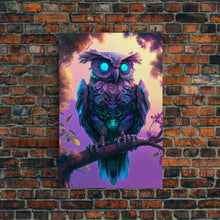 Load image into Gallery viewer, Cyberpunk Robot Owl, framed canvas print, Cybernetic android owl art, vaporwave aesthetic futuristic art

