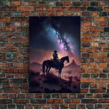 Load image into Gallery viewer, Cowboy contemplating the stars, framed canvas print
