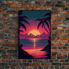 Load image into Gallery viewer, 8 bit pixel art sunset, synthwave style palm tree beach, framed canvas print, framed wall art painting
