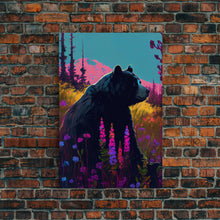 Carregar imagem no visualizador da galeria, Cute brown bear stopping to smell the flowers, animal prints, framed canvas print, colorful unique wall art
