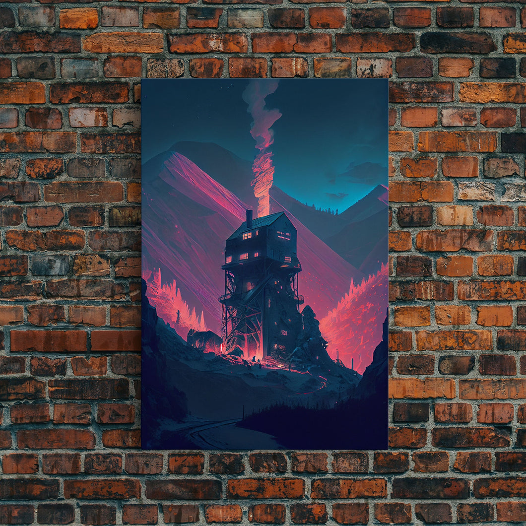 Fire-Watch, Watch Tower art, vaporwave aesthetic wall art, framed canvas print