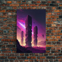 Load image into Gallery viewer, The Monoliths, Scifi art, retro synthwave style alien planet art, framed canvas print
