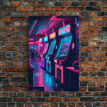 Cargar imagen en el visor de la galería, Game Room Decor, Framed Canvas Print, Synthwave Arcade, Boys Room, Gamer Gift, Gaming Wall Art, Video Game Posters, Teen Room
