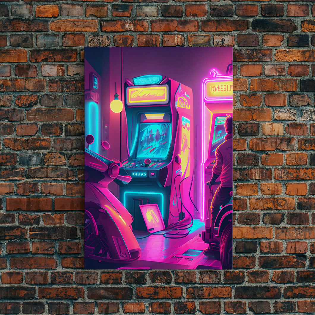 Game Room Decor, Framed Canvas Print, Synthwave Arcade, Boys Room, Gamer Gift, Gaming Wall Art, Video Game Posters, Teen Room