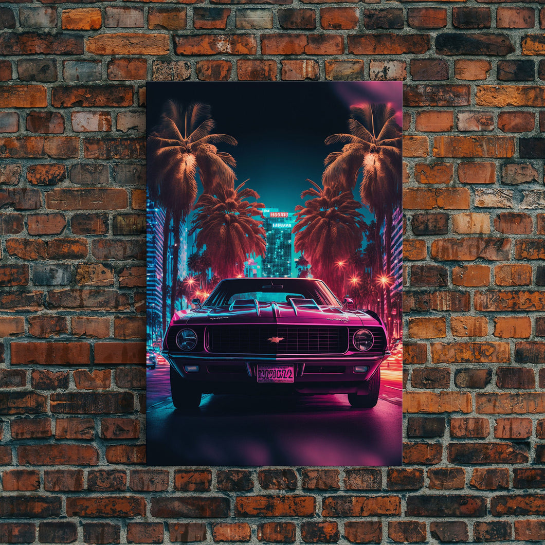American Muscle Car on Sunset Strip, Retro Synthwave Art, Framed Canvas Print, Gift For Him, Muscle Car Art