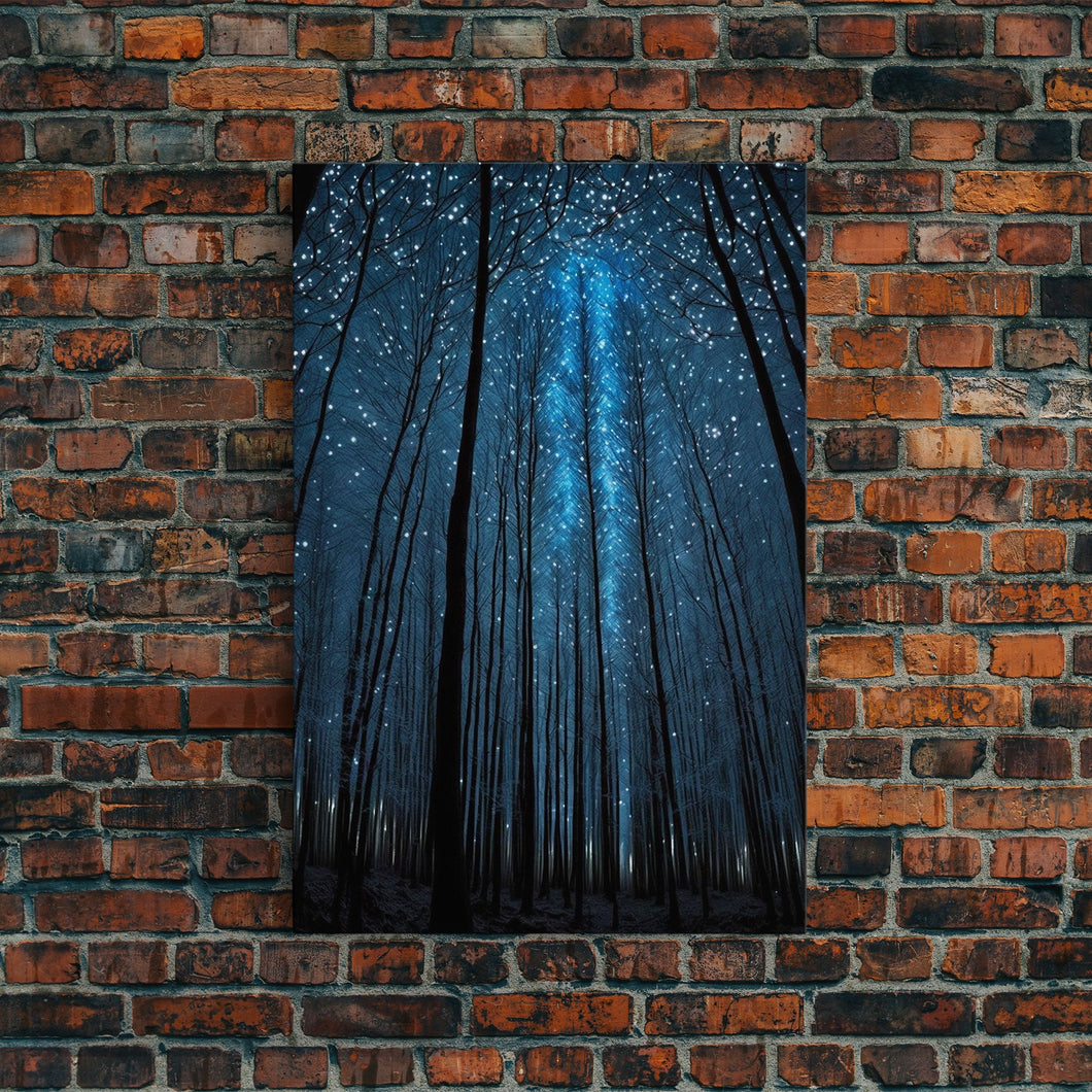 Birch Tree Forest At Night, Starry Night Sky, Framed Canvas Print, Boho Minimalist Farmhouse Decor, Primitive Art