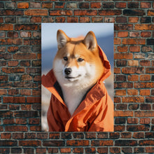 Load image into Gallery viewer, Shiba Inu Wall Print, Dog Wall Art, Animal Art, Orange Jacket, Funny Wall Art, Framed Wall Art, Framed Canvas, Wall Print, Wall Canvas
