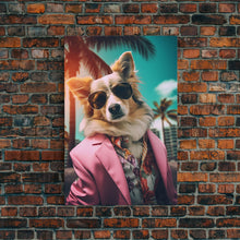 Load image into Gallery viewer, Corgi Wall Print, Dog Wall Art, Dog Sunglasses, Pink Suit, Floral Shirt, Funny Art, Framed Wall Art, Framed Canvas, Wall Print, Wall Canvas
