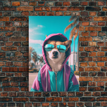 Load image into Gallery viewer, Corgi In Pink And Blue Hoodie Sunglasses Wall Print, Dog Art Print, Dog Portrait, Framed Wall Art, Framed Canvas, Wall Print, Wall Canvas
