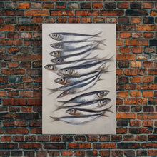 Cargar imagen en el visor de la galería, Sardines Art Print - Framed Canvas Art - Oil Painting Still Life Print - French Kitchen Art - Restaurant Art - Boho Farmhouse Decor
