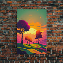 Load image into Gallery viewer, Retro Pop Art Landscape Art At Sunset, Framed Canvas Print, Outrun Style Trees and Sunset, Living Room Art
