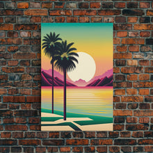 Load image into Gallery viewer, Framed Canvas Print - Art Deco Sunset Scene - Mountains, Palmtrees &amp; Beaches - Retro Style Art - Living Room Decor
