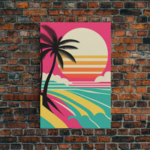 Load image into Gallery viewer, Framed Art Deco Canvas Print - Sunset Beach Scene, Minimalist Palms, Retro Style - Pink and Turquoise Vaporwave Art
