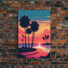Load image into Gallery viewer, Framed Canvas Print - Art Deco Sunset, Beaches, Minimalist Palm Trees, Retro Synthwave, Vaporwave, 80s Vibes, Gamer Art, Bar Decor

