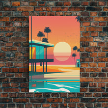 Carregar imagem no visualizador da galeria, Art Deco Sunset Beach Canvas Print, Minimalist Retro Palmtree Vibe, Vaporwave Art, 80s Retro Vibes, Miami Inspired Art

