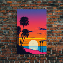 Load image into Gallery viewer, Framed Canvas Print - Art Deco Sunset, Beaches, Minimalist, Palmtrees, Retro Style, Synthwave, Vaporwave, 80s Style Decor, Palme Trees

