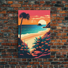 Load image into Gallery viewer, Framed Canvas Print | Art Deco Sunset, Beach, Palm Trees, Retro Style, Synthwave, Vaporwave, Island Vibes, Minimalist Beach Art
