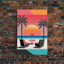 Load image into Gallery viewer, Framed Canvas Print - Art Deco Sunset, Minimalist Beach, Palm Trees, Retro Style, Synthwave, Vaporwave, Minimalist Abstract Decor
