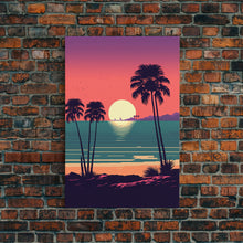 Load image into Gallery viewer, Framed Canvas Print - Art Deco Sunset, Palm Trees, Synthwave Vibes, Beach Decor, Vaporwave Pink Art, Miami Vibes
