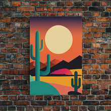 Load image into Gallery viewer, Pop Art Framed Canvas Print of Desert Landscape at Sunset, Outrun Style Sunset Full Moon Art, Unique 80s Vibe Retro Art, Art Deco
