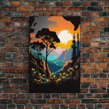 Load image into Gallery viewer, Colorful Pop Art Picture of a Mountain and Forest Landscape, Framed Canvas Print, Surrealist High Contrast Cel Shaded Landscape Art
