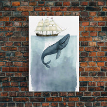Load image into Gallery viewer, Framed Wall Art Blue Whale Painting, Watercolor Painting, Whale Print, Whale and Boat, Whale Nursery, Humpback Whale, Framed Wall Art
