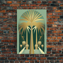 Load image into Gallery viewer, Boho Modern Frank Lloyd Wright-inspired Art Deco Canvas Print, Emerald Green and Gold Palm Tree, wall decor, wall art original, MCM Art
