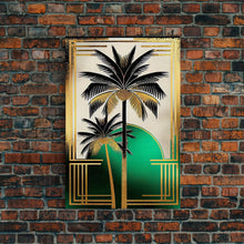 Load image into Gallery viewer, Boho Modern Frank Lloyd Wright-inspired Art Deco Canvas Print, Emerald Green and Gold Palm Tree, wall decor, wall art original, MCM Art
