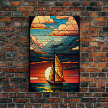 Carregar imagem no visualizador da galeria, Art Deco Wall Art, Sailboat and Sunset Framed Canvas Print, Art Deco / MCM Wall Art, Stained Glass Reflections
