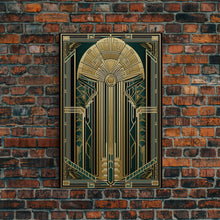 Carregar imagem no visualizador da galeria, Art Deco Wall art | Framed Canvas Print | Art Deco | Gold &amp; green art | Beautiful art | Midcentury Modern | Office decor | Stained glass art
