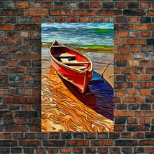 Load image into Gallery viewer, Abandoned Canoe On The Lake, Framed Canvas Print, Oil Painting Style, Abstract Wall Art, Lakehouse Wall Decor, Boho Art

