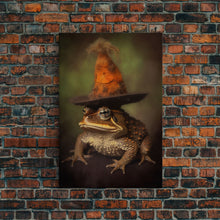 Load image into Gallery viewer, Frog Wall Art, Frog Wearing Witch Hat, Funny, Animal Wall Art, Nature, Modern Print, Wall Decor, Canvas Print, Wall Art, Framed Canvas
