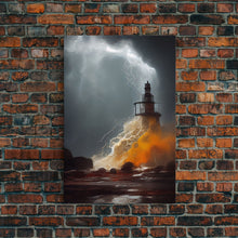Load image into Gallery viewer, Lighthouse Oil Painting Canvas Print, Light house landscape print, Lighthouse in a storm with lightning and thunder, waves crashing

