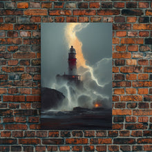 Load image into Gallery viewer, Lighthouse Oil Painting Canvas Print, Lightning striking a lighthouse during a dark stormy night, gloomy wall art
