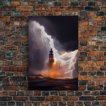 Load image into Gallery viewer, Lightning striking a burning lighthouse, canvas print, oil painting style, dark and gloomy wall art
