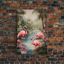 Cargar imagen en el visor de la galería, Flamingo Art Print, Tropical Wall Art, Palm Trees, Canvas Print, Wall Art, Vertical Print, Modern House Art, Gift For Boss, Bedroom Prints
