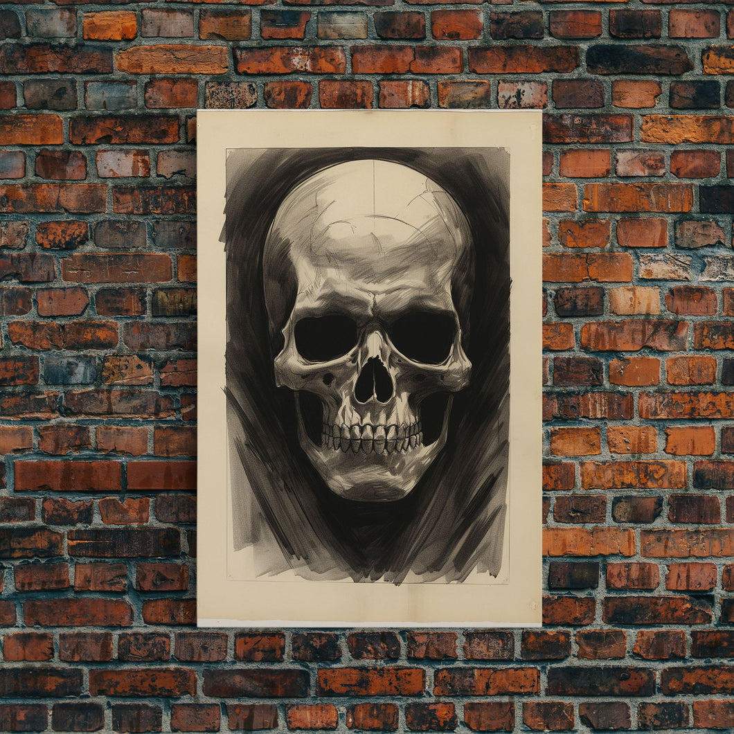 Charcoal Drawing, Human Skull, Gothic Art Print, Spooky Decor, Canvas Print, Wall Art, Vertical Art, Gaming Wall Decor, Office Wall Decor